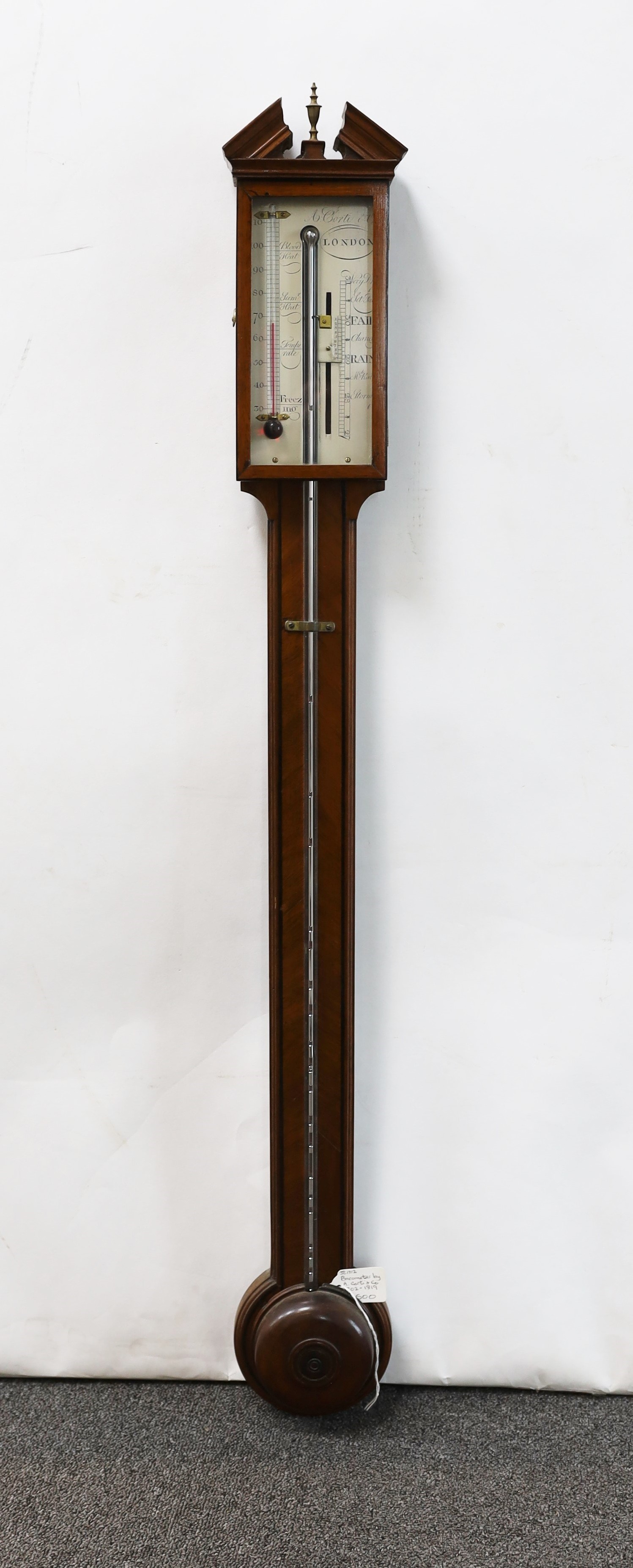 A George III mahogany stick barometer, with engraved sliding scale marked A. Corti & Co, London, height 98cm